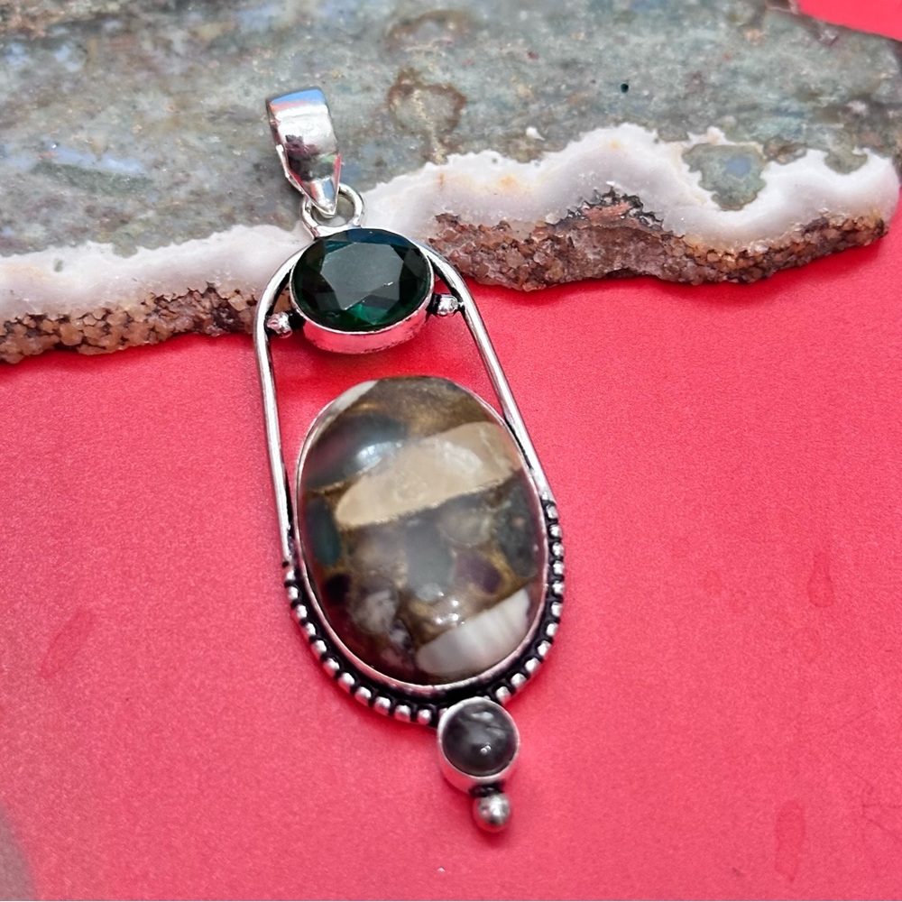 RUBYRUDI Artisan Jewelry POLYCHROME JASPER Pendant Necklace with Green Crystal